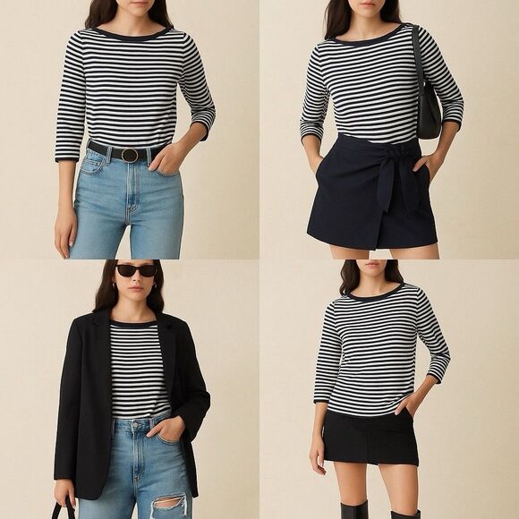 COS Womens L Striped Pullover Sweater 3/4 Sleeve Boat Neck Navy Blue White - Picture 1 of 12